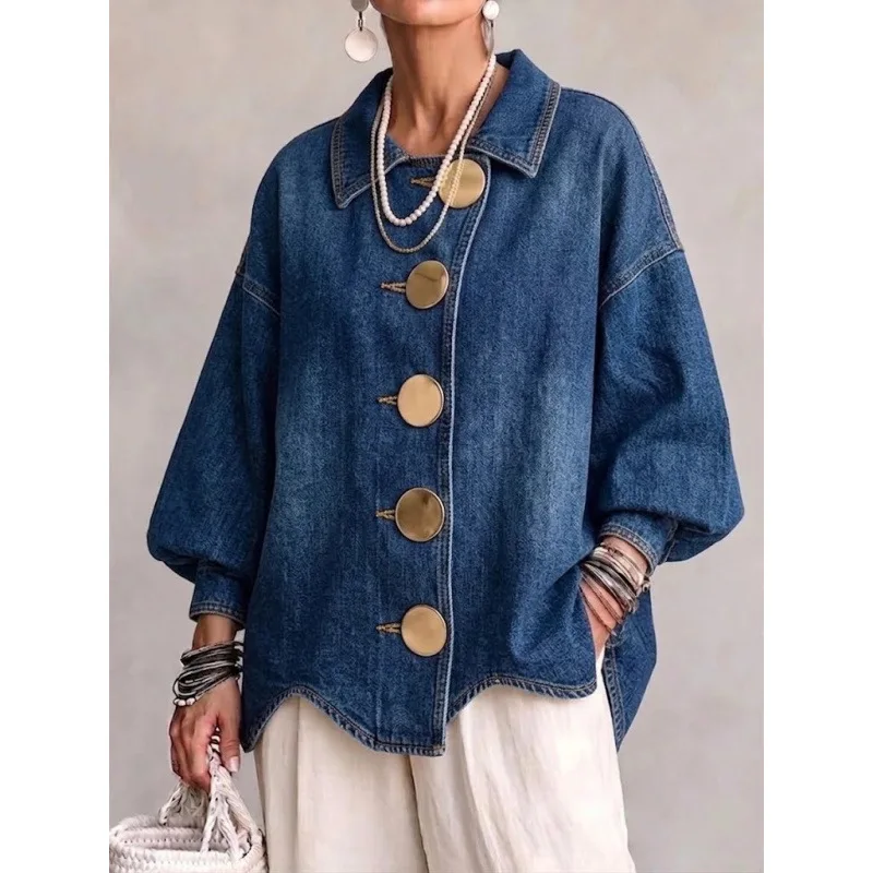 European and American women's denim jacket 2026 women's fashion loose collar long sleeved jacket jacket