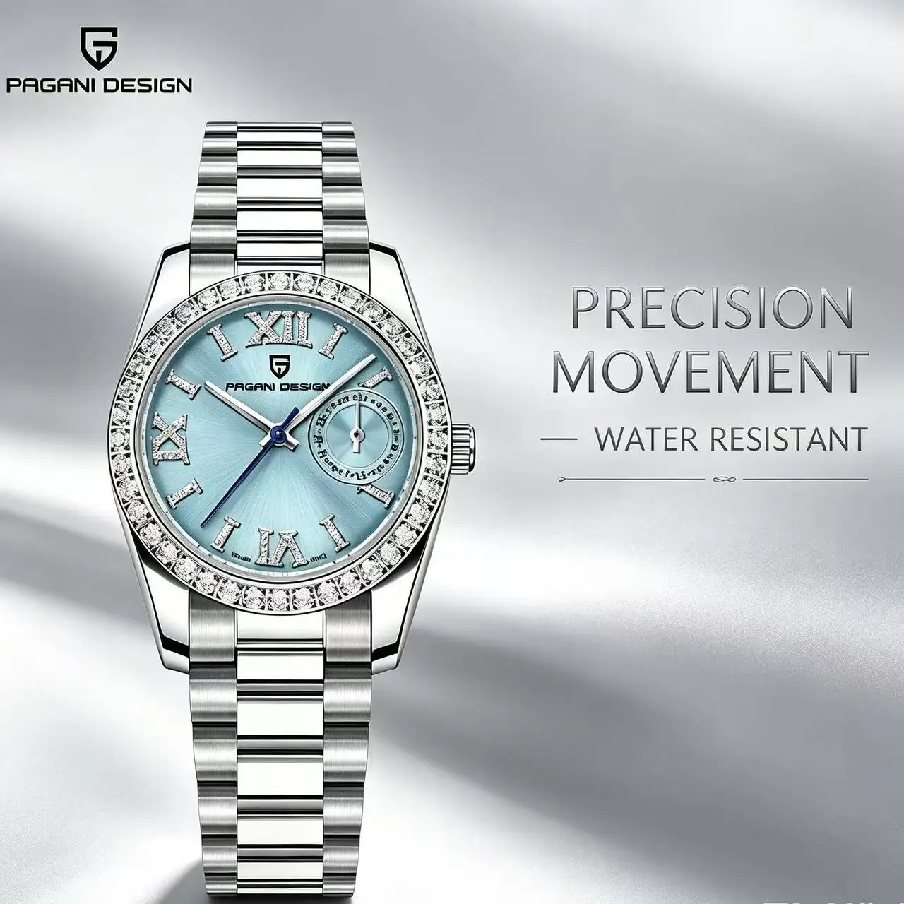 PAGANI DESIGN PD1776 Women Watch 32MM Diamond Dial Stainless Steel Waterproof Calendar Luxury Fashion Ladies Wristwatch