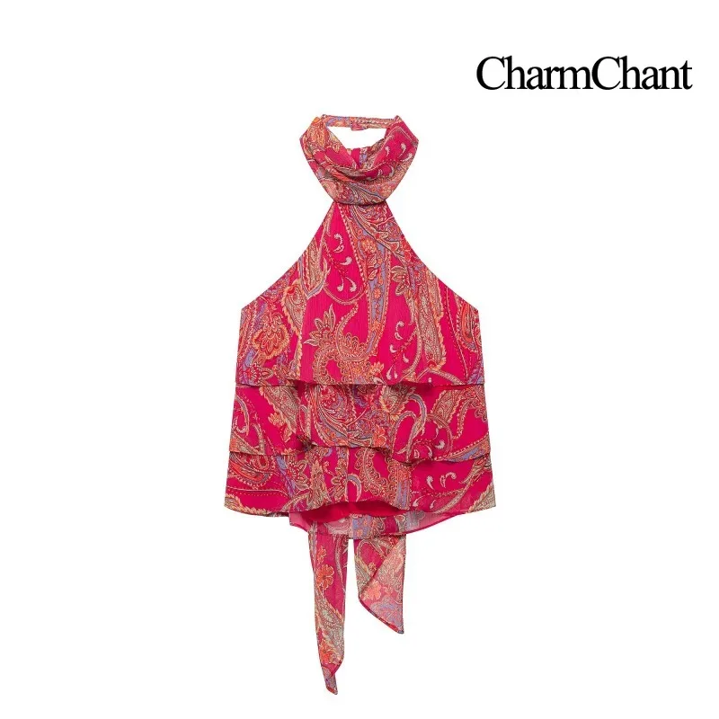 CHARMCHANT Women's Paisley Print Halter Neck Ruffle Sleeveless Top Midi Skirt 2 Piece Set Vintage Boho Vacation Summer 2026
