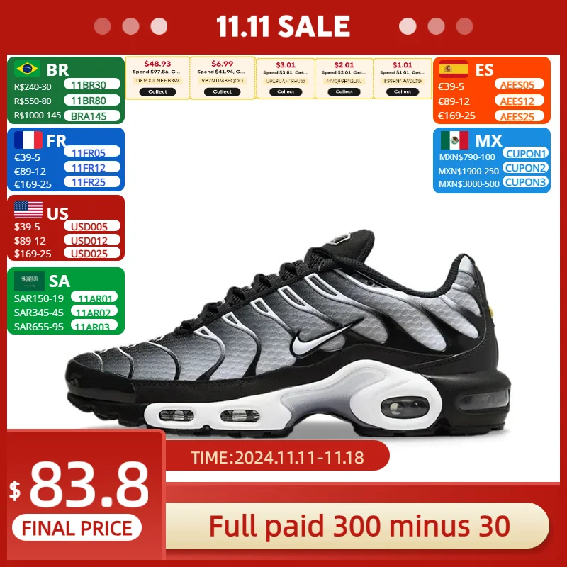 Nike New Air Max Plus TN Men's Sneakers winter Fashionable and comfortable casual shoes Lightweight and wearable Silver&Black