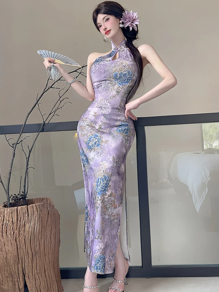 

Summer Purple Floral Stand Collar Cheongsam Dress Women Korean Luxury Elegant Dress Gown 2025 Vintage Bodycon Party Night Dress
