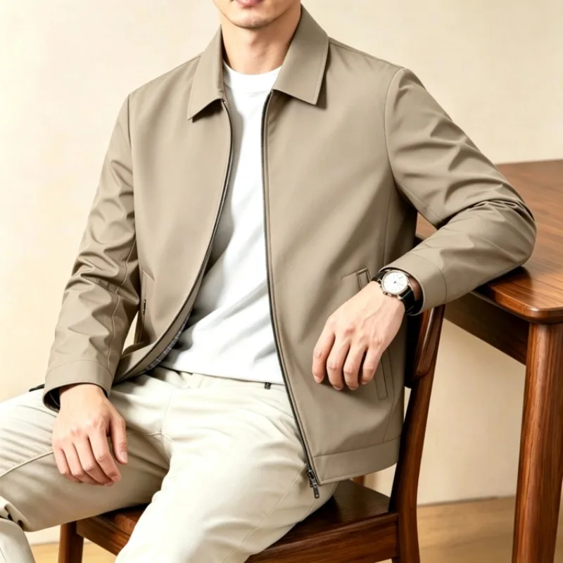Men's Turn-down Collar Jacket Old Money Style Solid Color Casual Outerwear 2026 Autumn New Zip-up Coat