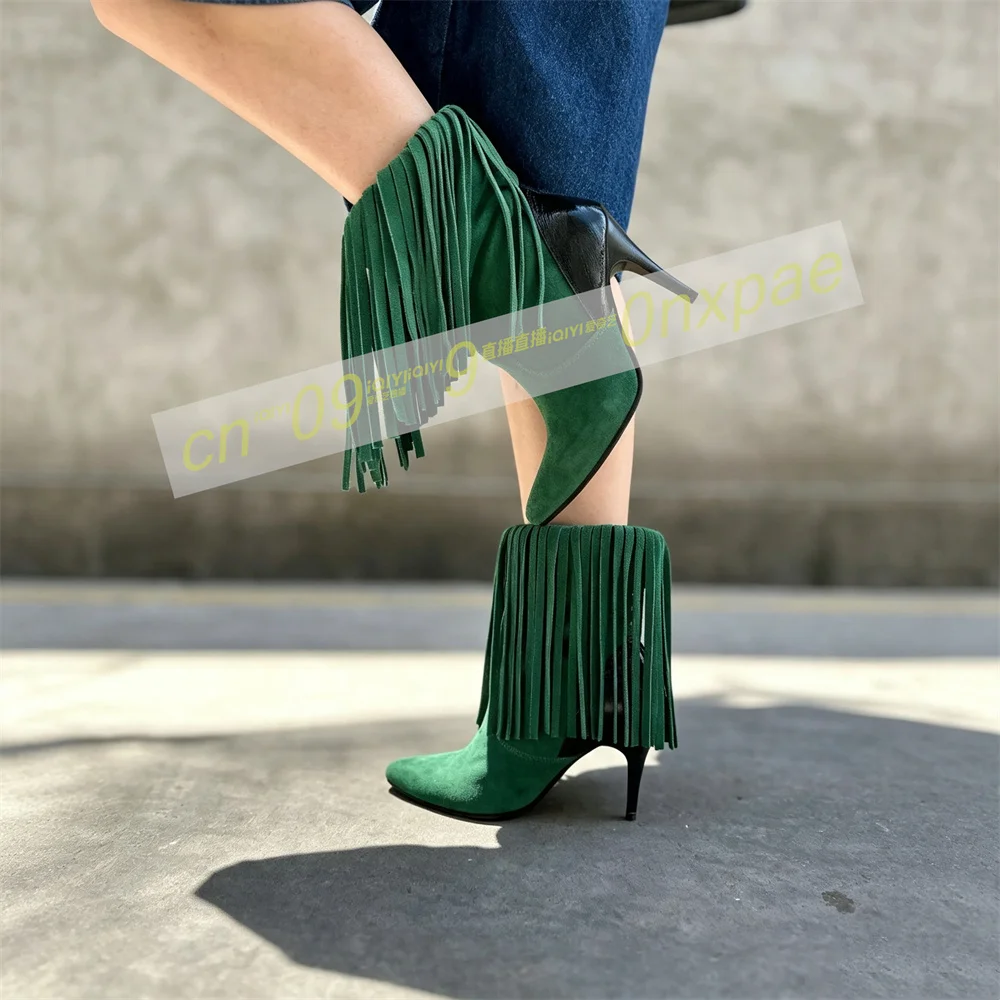Women Fringe Ankle Boots Pointed Toe Stiletto Heel Shoes Green Suede Tassel Detail Fashion Western Autumn Winter Party Footwear