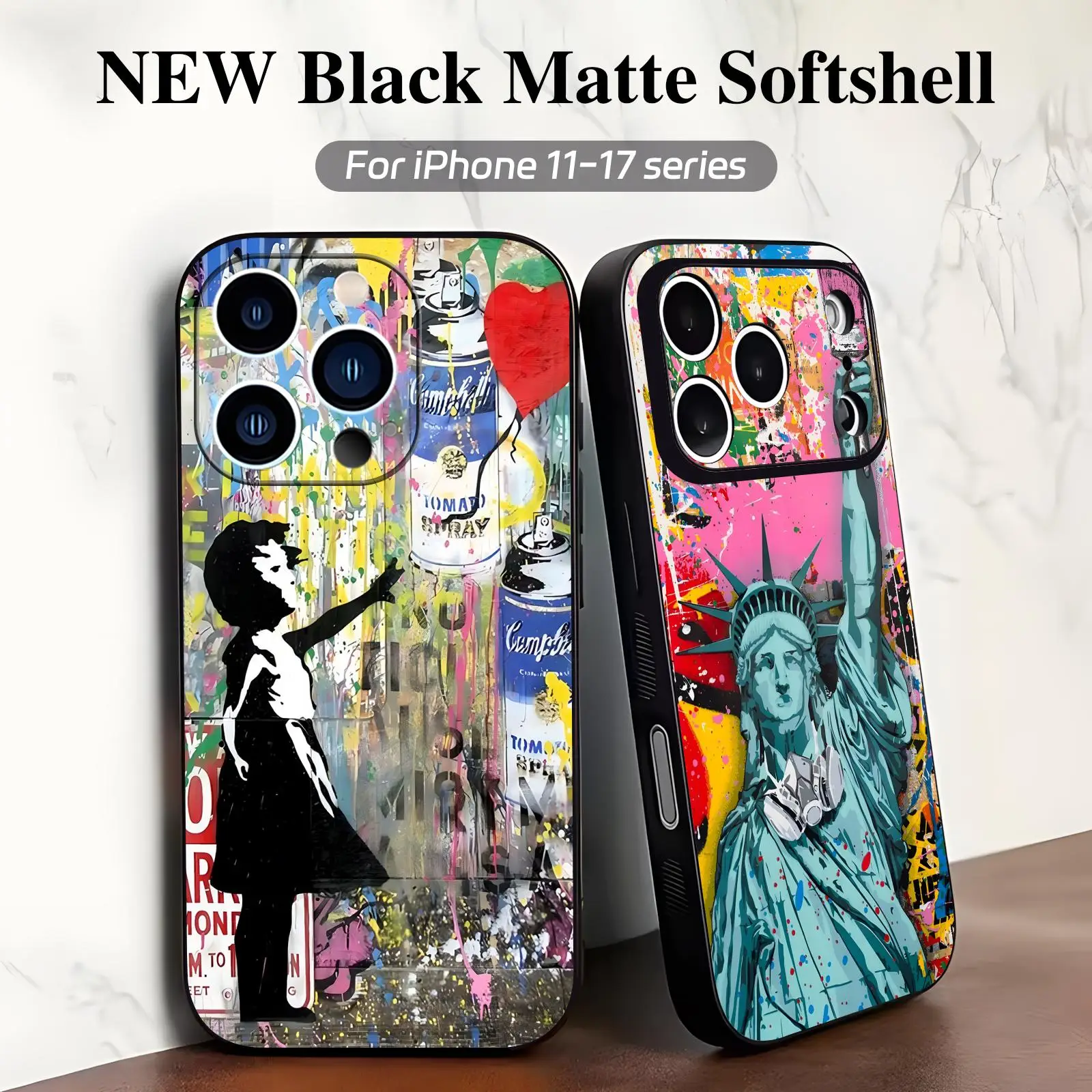 Coque de téléphone pour iPhone 17 16 16e 15 14 13 12 Plus Mini Pro Max, antichute, souple, noire, motif Banksy Graffiti Art