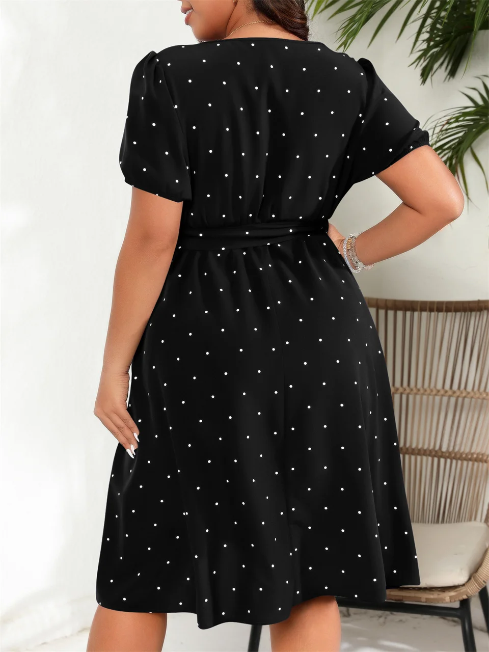 GIBSIE Plus Size Square Neck Polka Dot Belted Dress Women's Elegant Retro Puff Sleeve High Waist Summer A-line Big Swing Dresses