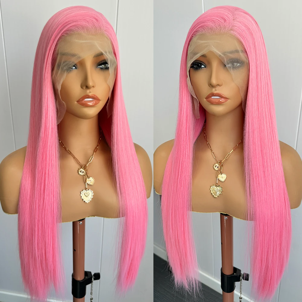 핑크 스트레이트 가발 13*4 합성 레이스 프론트 가발 여성용 핫핑크 롱 실크 스트레이트 가발 프리 파트 데일리 코스프레 가발