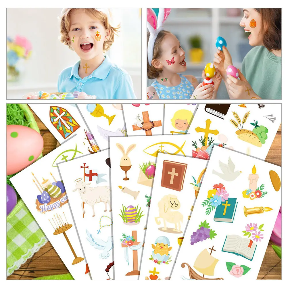 

10 шт. временных пасхальных наклеек для тела, 10 листов, праздничные принадлежности, тату-наклейки для лица и рук, временные наклейки в пасхальном стиле с мультяшными рисунками