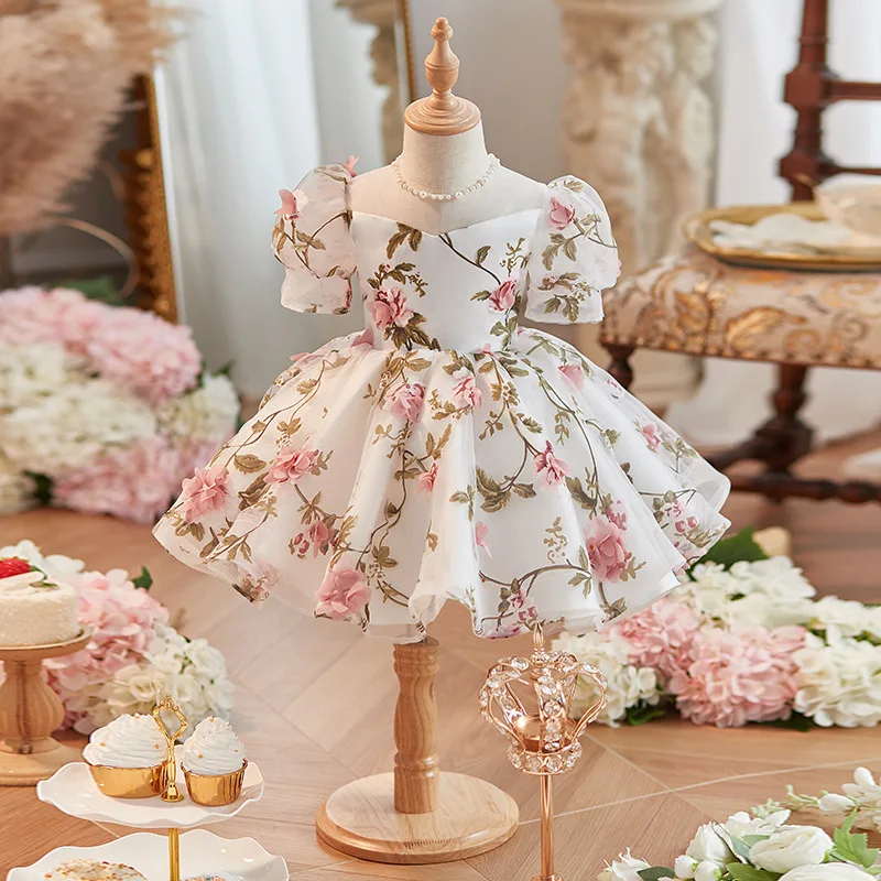 2024 Children's Princess Evening Gown Fashionable Printed Pearl Design Wedding Birthday Baptism Easter Eid Party Girls Dresses