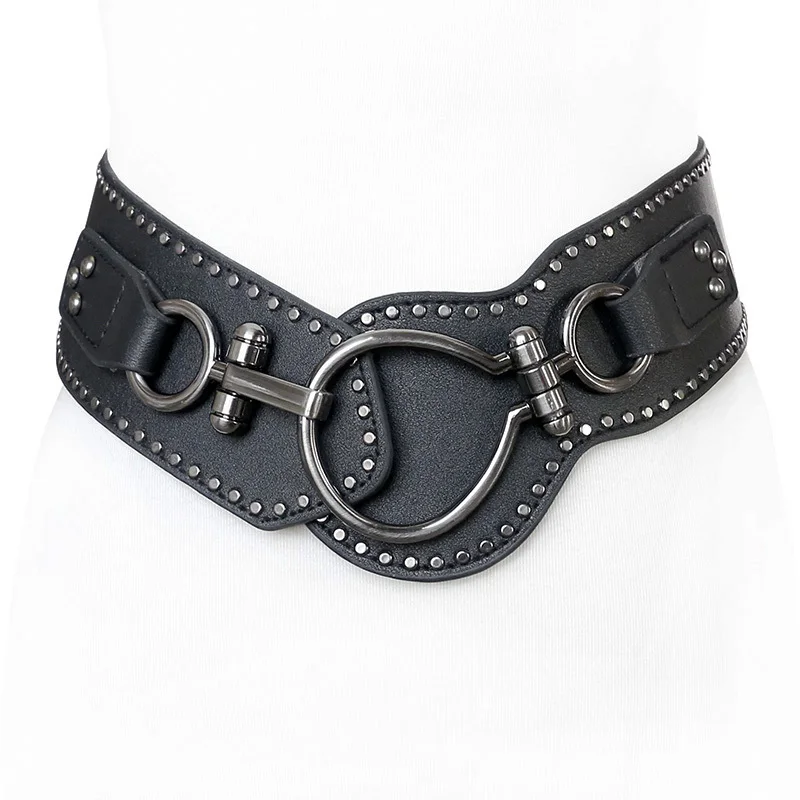 Punk Rock Cincher for Women Edgy Black Wide Belt with Metal Studs Asymmetric Sash for Skirts Trendy Corset Belt