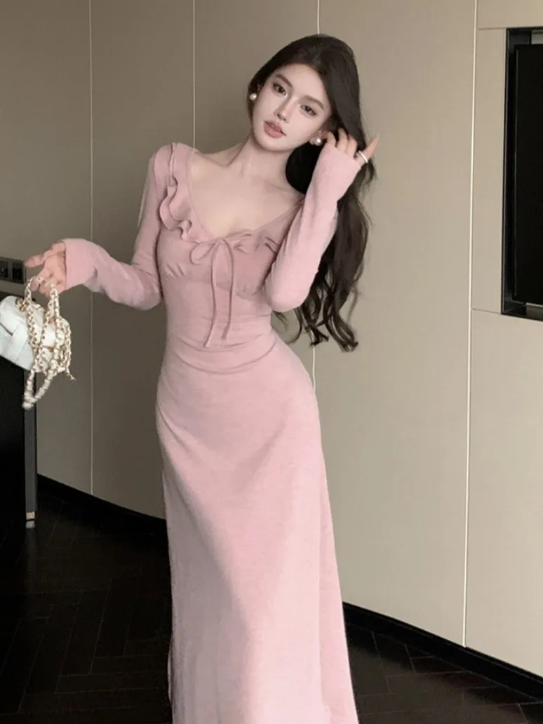 

Retro Sexy V-Ne Svel Lace Trim Knitted Long Dr Women's High Waist Slim Fit Bodycon Dr Ci Commute Spring Autumn