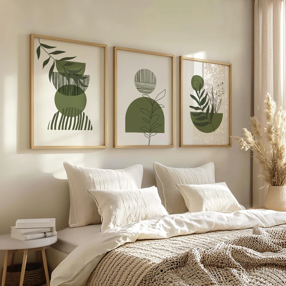 3pcs frameless Canvas Painting Olive Green Boho Wall Art Prints Set of 3 Simple Art of Geometric Lines Poster Home Bedroom Livin