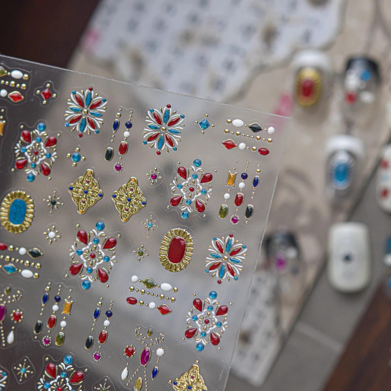 Boho Chic 5D Nail Sticker Retro Imitation Color Gem Gilded Metal Carved Frame Rhombus Vintage Badge Self Adhesive Nail Decal