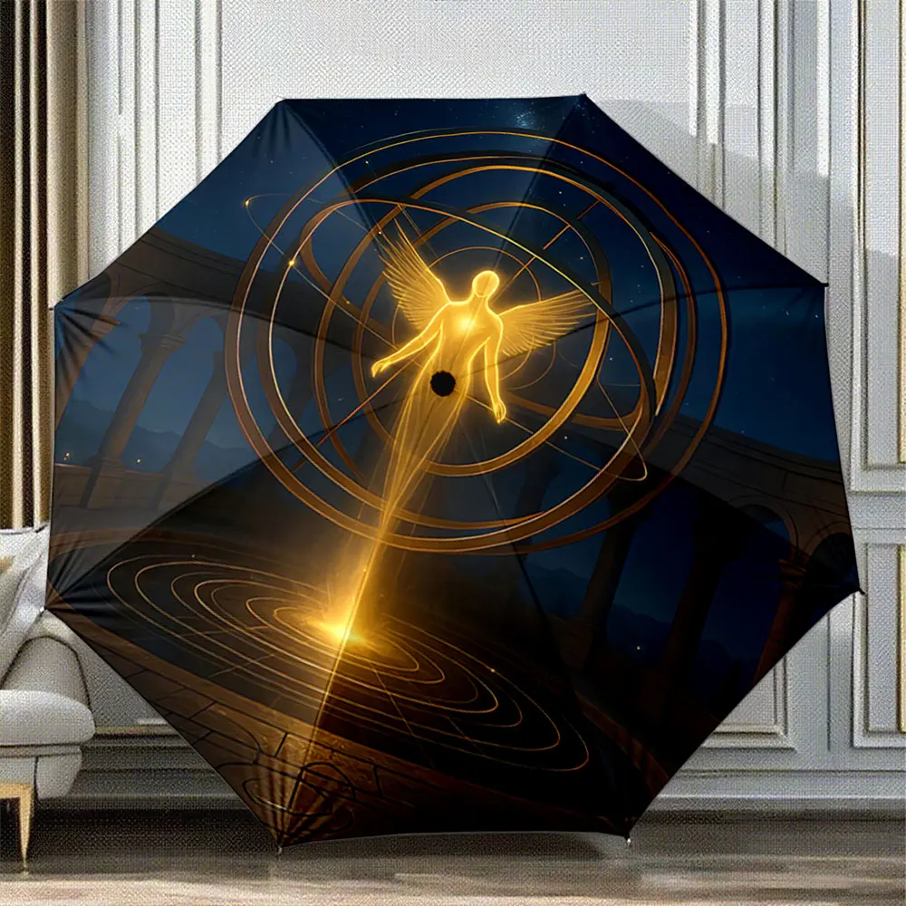 Golden Angel With Wings in Mystical Cosmic Rings portable waterproof sun rain umbrella for outdoor travel beach
