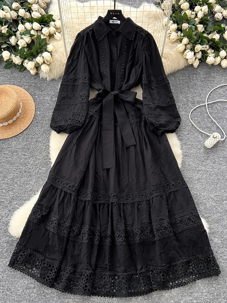Spring France Elegant Vintage Long Evening Dress Women Hollow Out Lace Button Party Dress Female Casual Chic Festival Clothing