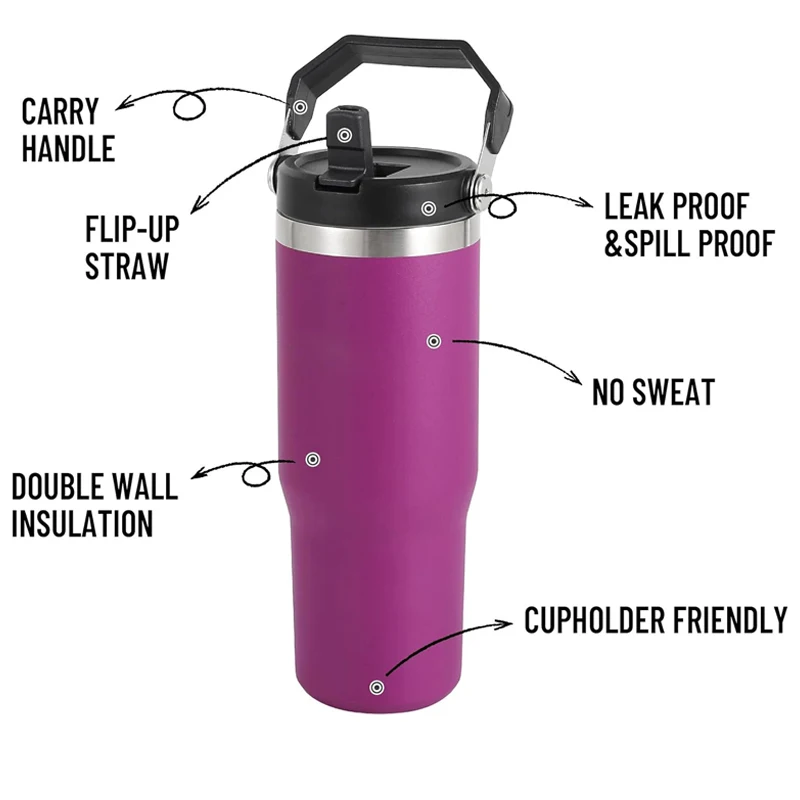 Thermos Bottle Coffee Cup Stainless Steel Tumbler with Straw & Handle Double Walled Travel Mug Vacuum Flask Car Water Bottle