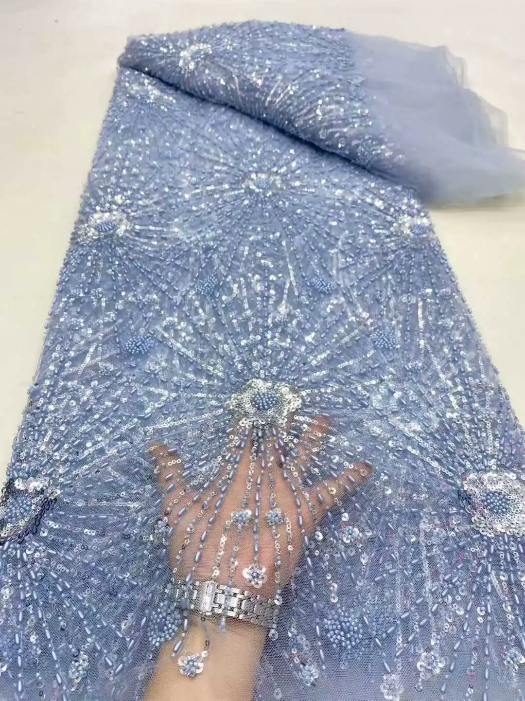 

2025 African French Beaded Lace Fabric Sewing Sequins Embroidery Nigeria Net Lace Fabric for Women Wedding