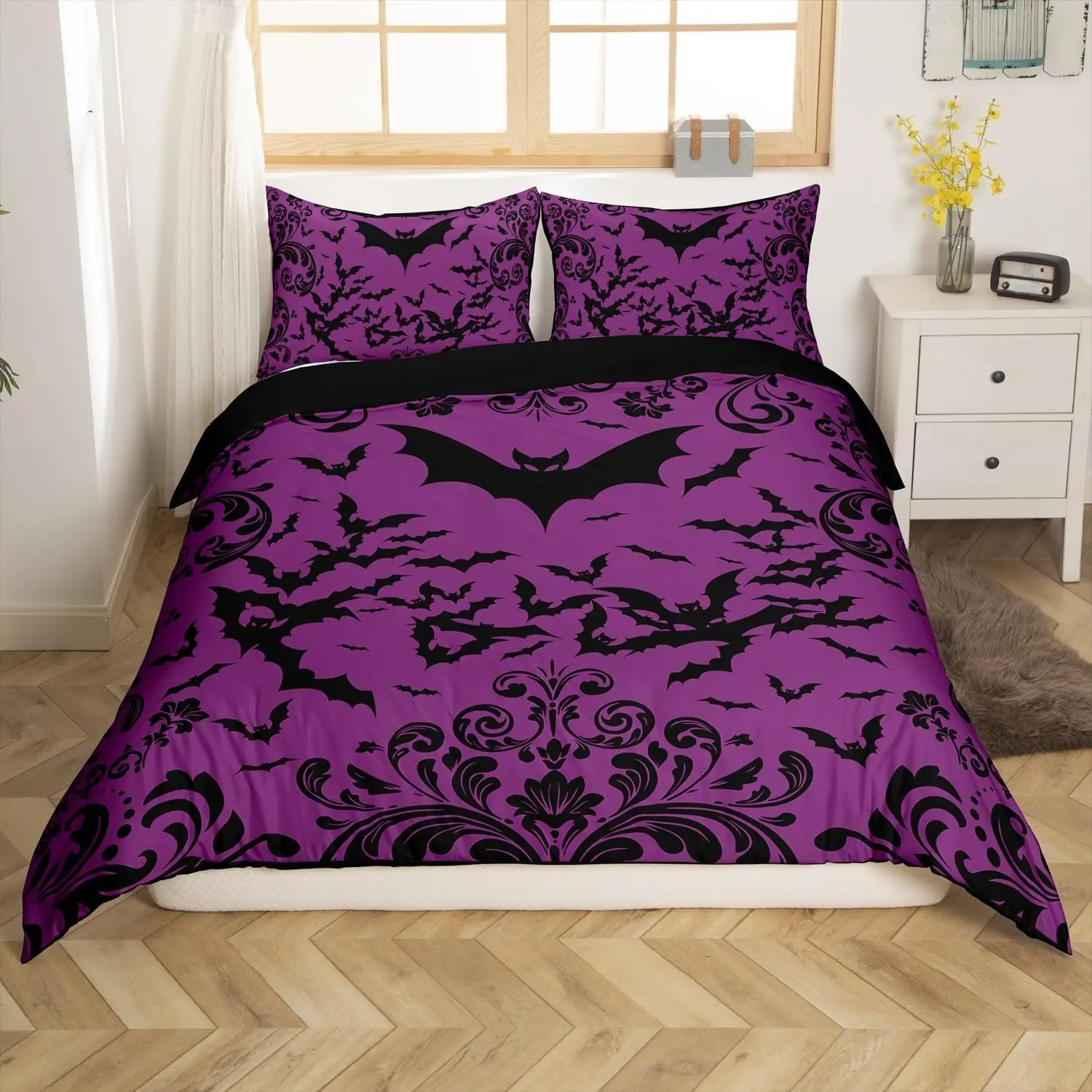 Halloween Bat Duvet Cover Set Single Size Purple Black Goth Bedding Set With 1 Pillowcase Gothic Damask Flowers