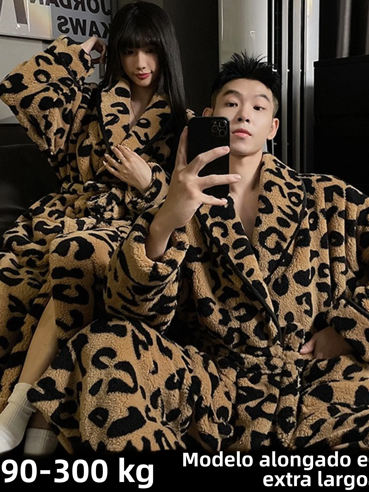 Roupão de Dormir Masculino Plus Size (300 Libras) com Estampa de Leopardo, Pijama de Fce Coral sso, Roupão de Banho de ...