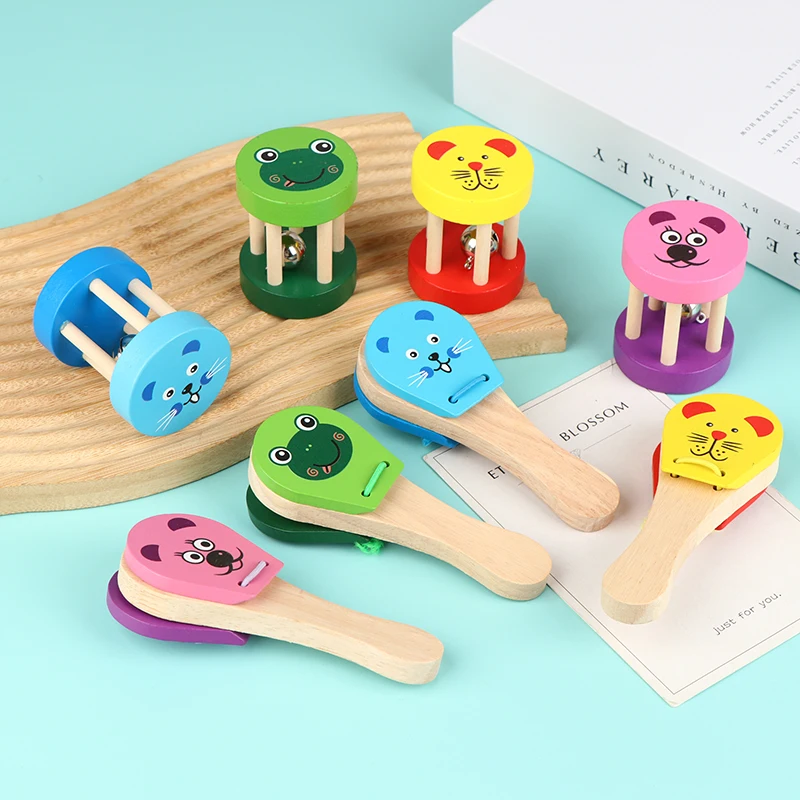 Musical Instrument Clapper - Kids Cartoon Wooden Castanets Five-stud Rattle