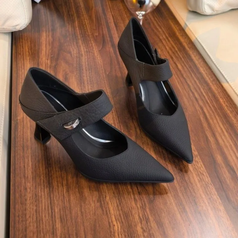 Women's Fashion Pointed Toe Shallow Mouth Metal Buckle One Slip Anti-Slip Wear-Resistant High Heels view 5
