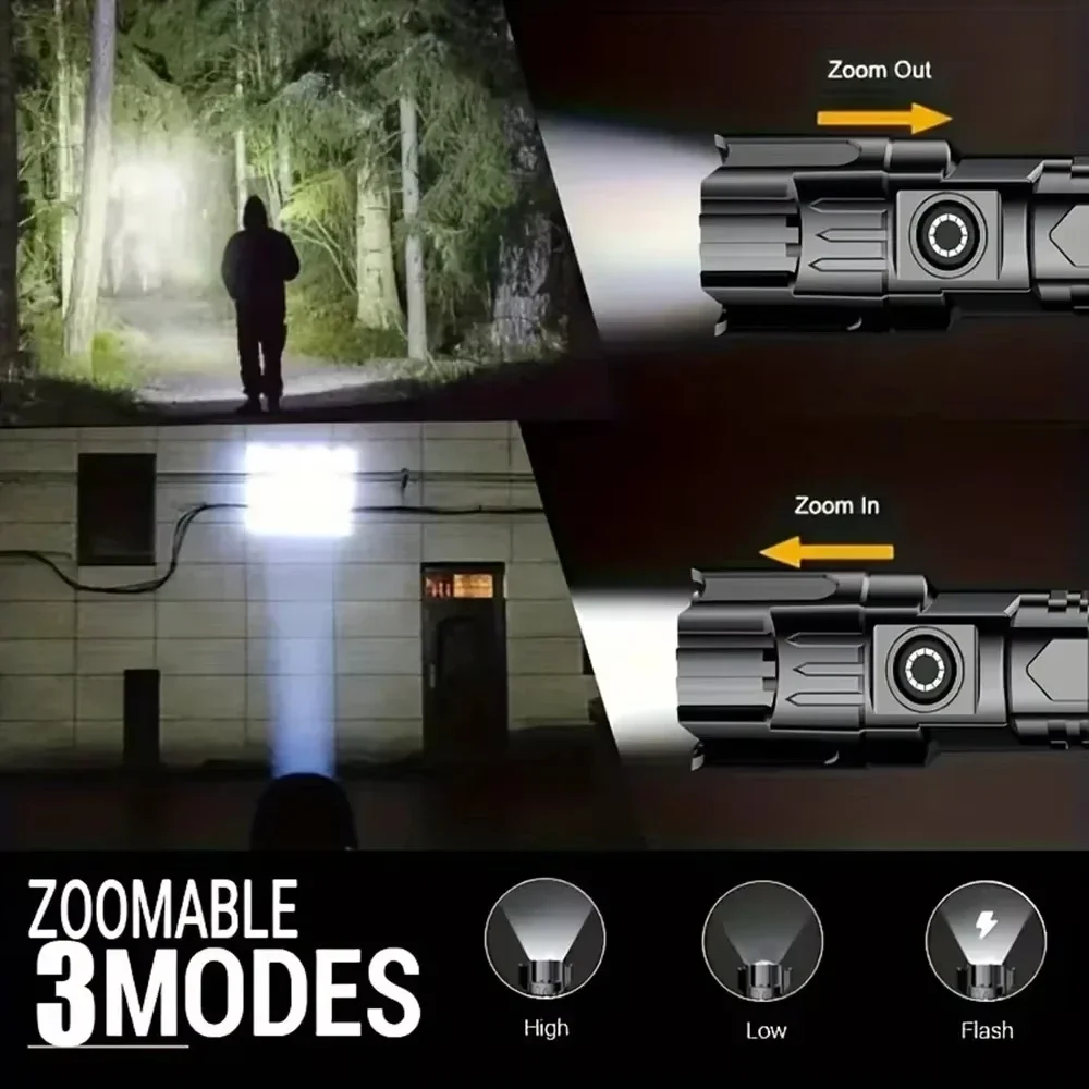 Powerful LED Flashlight USB Rechargeable Torch Super Bright Zoomable Lamp 3 Lighting Modes Camping Hiking Lantern Emergency Lamp