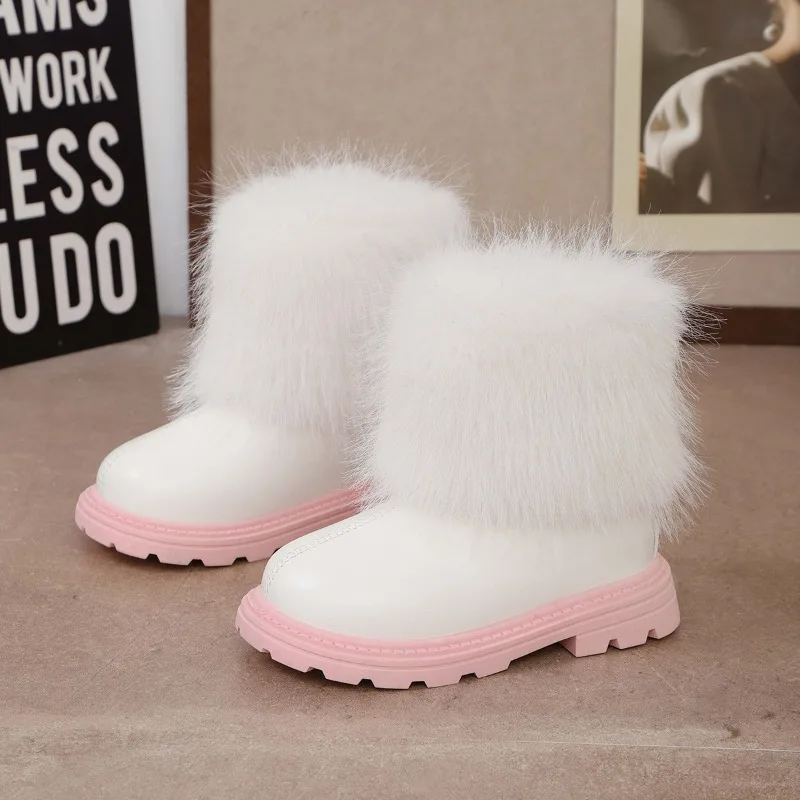 Fluffy White Fur Knight Boots For Kid Girl Autumn Mid-Calf Flat Booties Child Round Toe Square Heel Fashion Leather Botas