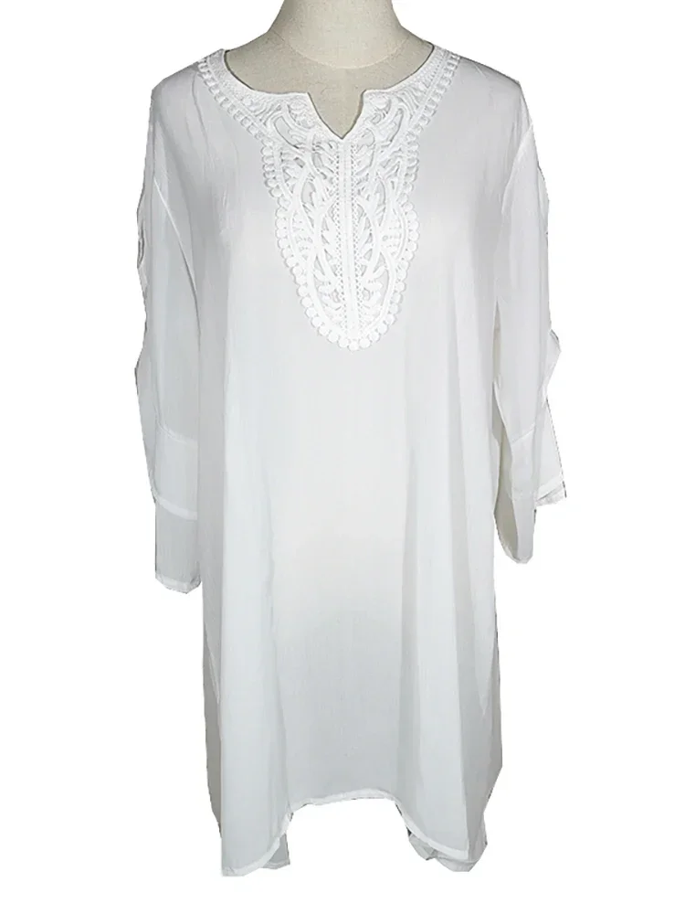 Swimsuit Over Up White Chiffon Shirt Lace Beach Tunic Beachwear Cover-ups 2024 Pareos Women Bikini Cover-up Beach Top