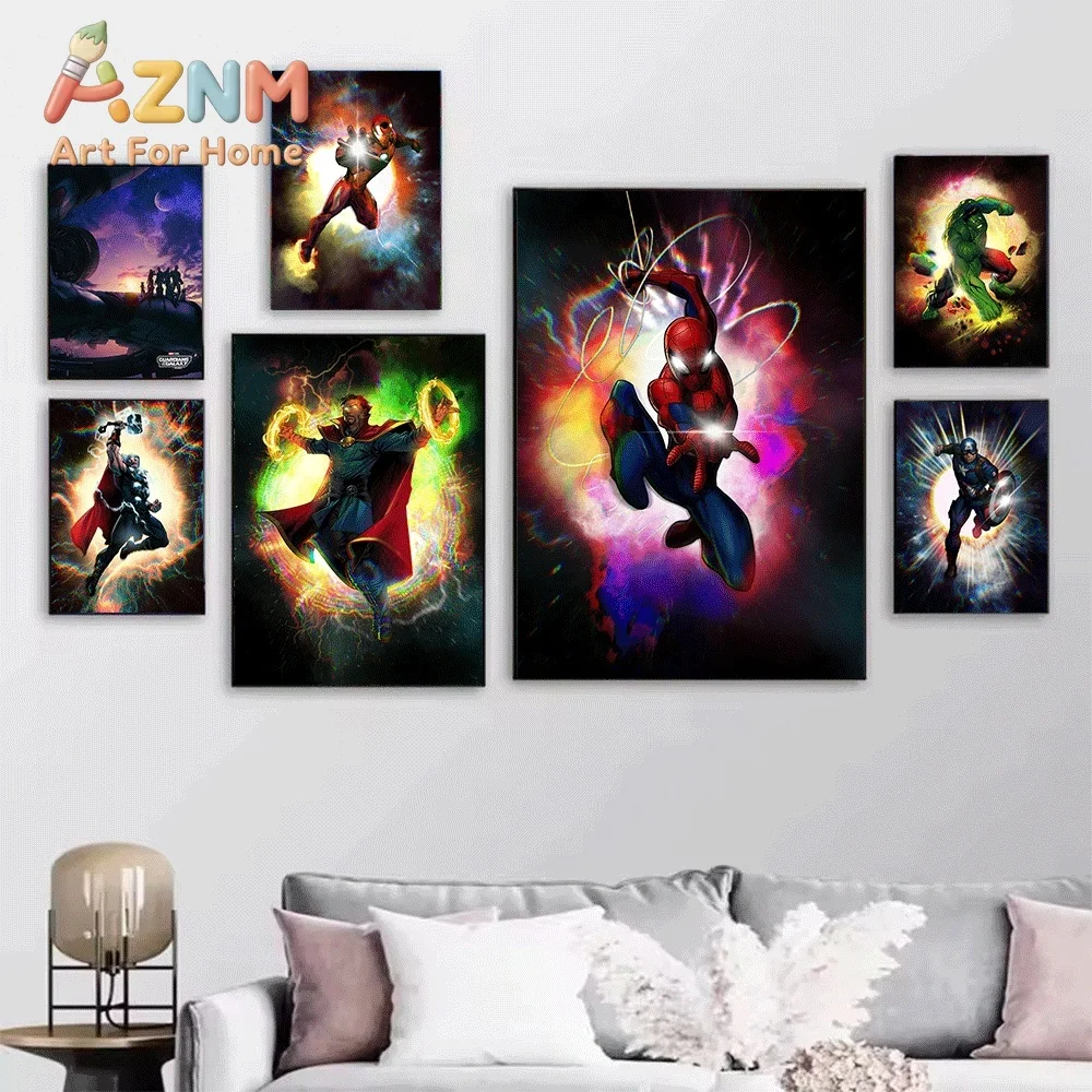 AZNM Tony Stark Iron Man Armor Hall Marvel Canvas Wall Art Frameless Print Superhero Poster Home Bedroom Living Room Decor Pai