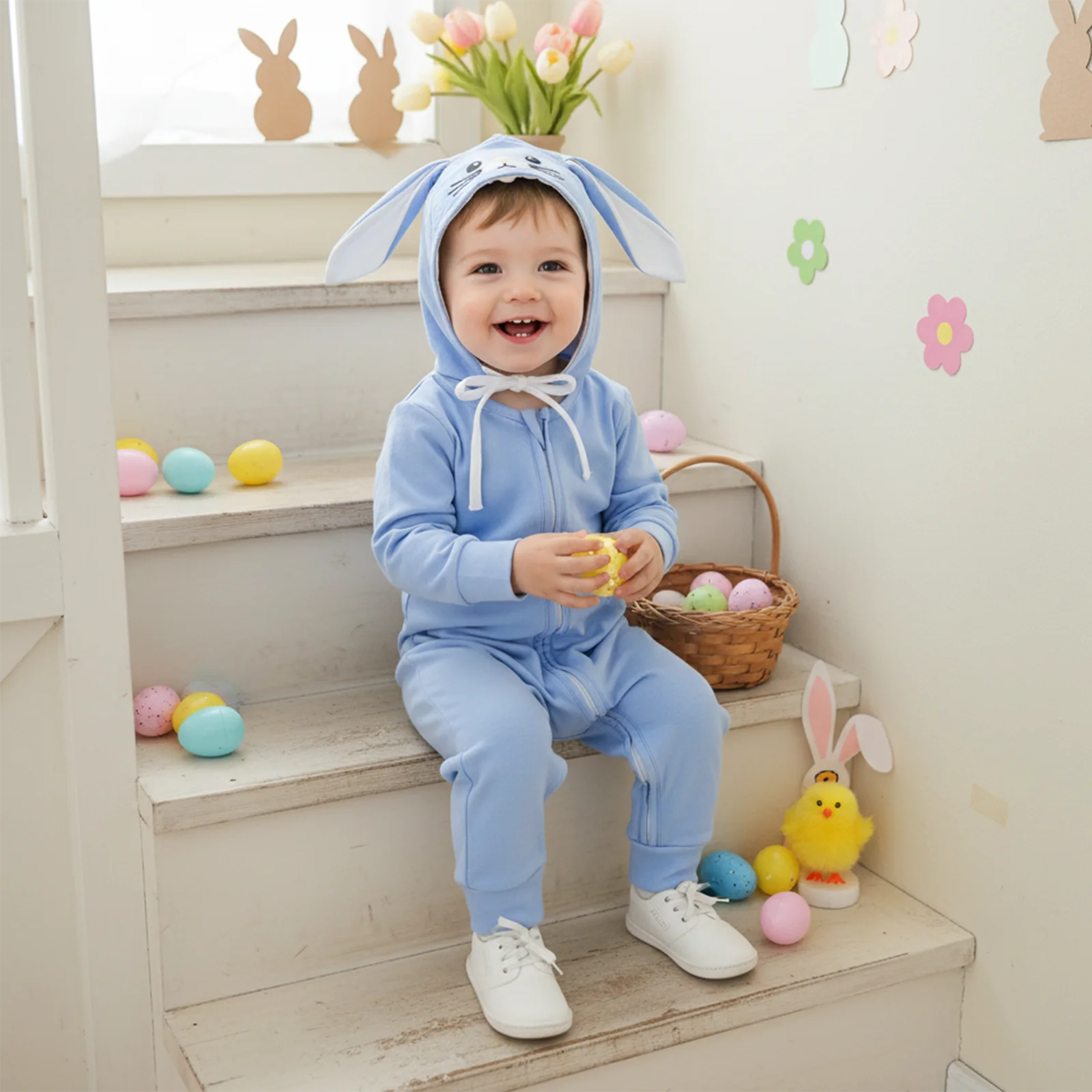 2Pcs Infant Girl Boy Easter Day Outfit Long Sleeve Crew Neck Solid Color Zipper Romper Bunny Hat Set Irish Costume