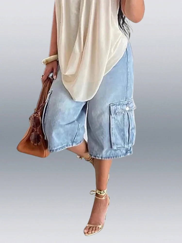 

Gymystars Loose Wide Leg Pants Cargo Pants Woman Summer New Elegant Pockets High Waist Half Pants Fashion Female Jeans Outdoor
