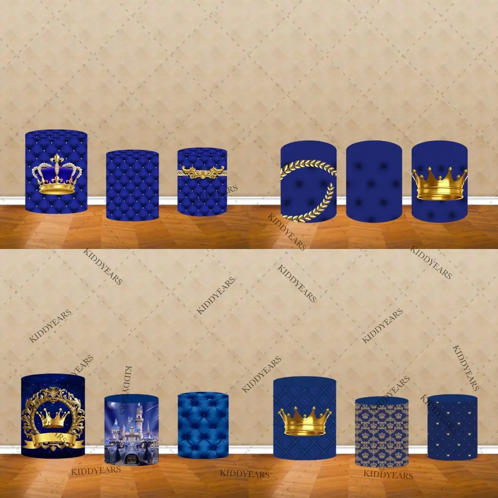 Royal Blue Prince Cylinder Backdrop Cover Gold Crown Boy Birthday Baby Shower Cake Party Pedestal Column Plinth Cover Background
