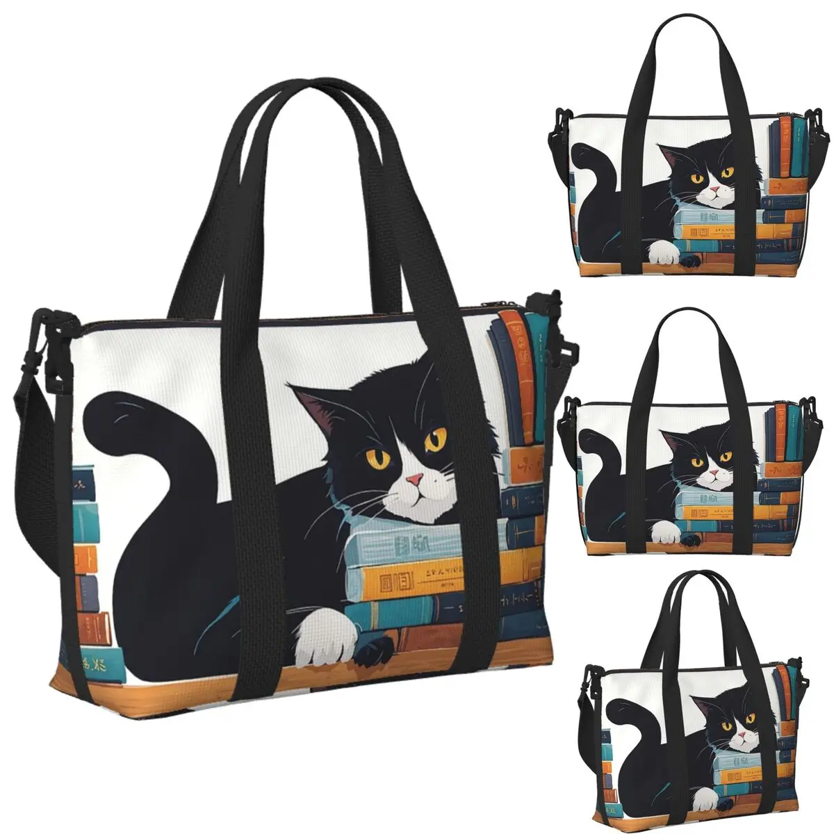 

Симпатичный смокинг на заказ, пляжная дорожная сумка с котом и книжным магазином, большая вместительная сумка-тоут для тренажерного зала, йоги, женская дорожная сумка для покупок