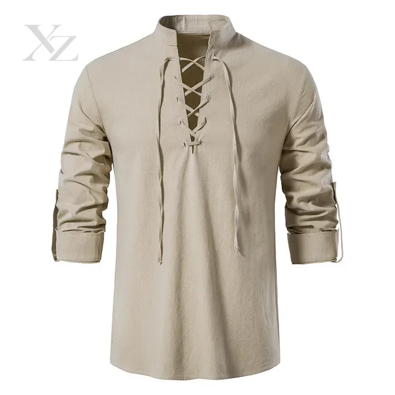 Men's Medieval Lace Up Cotton Linen Shirt Retro Viking Pirate Casual Tops Stand Collar Roll Up Long Sleeve