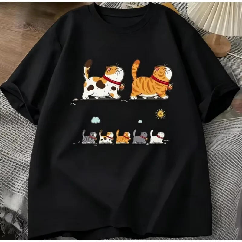 Niedliches Katzen-Grafik-T-Shirt Koreanische Ästhetik Streetwear Unisex Oversize Sommer Baumwolle Cartoon Kätzchen Print Tee Kleidung Oberteile