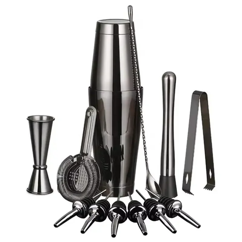 13-Piece Boston Cocktail Mixer Bar Tools Set, including measuring device, mixer, pour device, stainless steel bartender tool