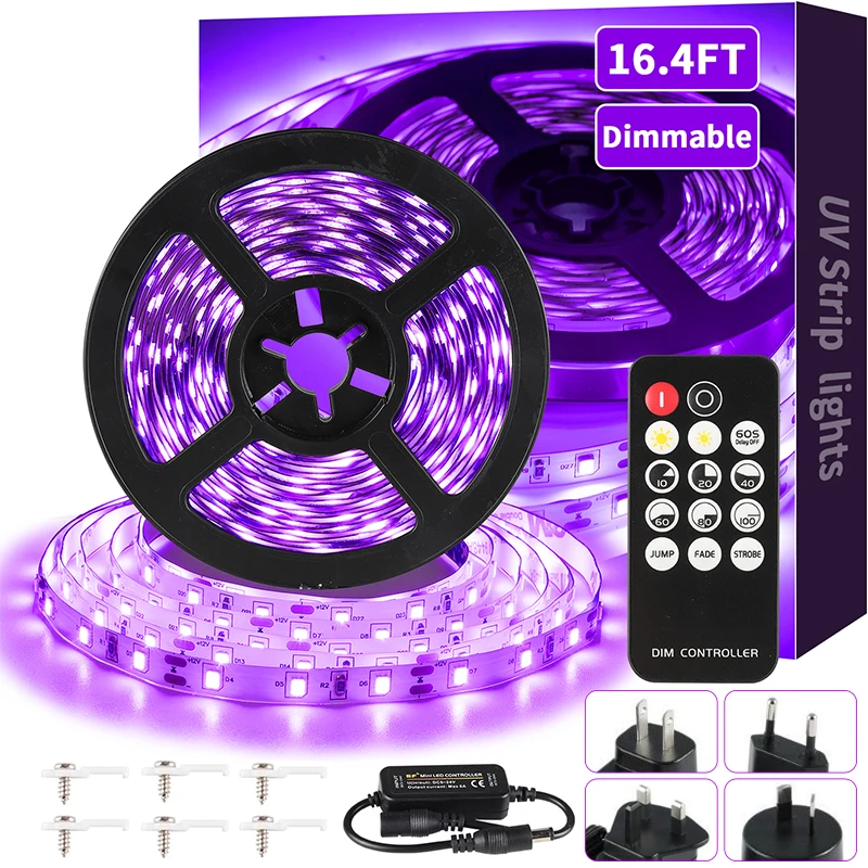 LED UV Light Black lamp set with remote control,60LEDs/m, 12V self-adhesive adjustable, suitable for Halloween Fluorescent Party