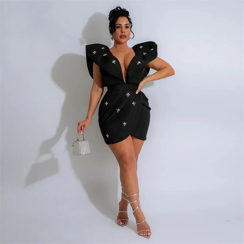 Deep V Neck Back Open Sexy Bodycon Rhinestone Women Party Dress Flying Sleeve ruched Irregular Mini Night Club Dress Black White