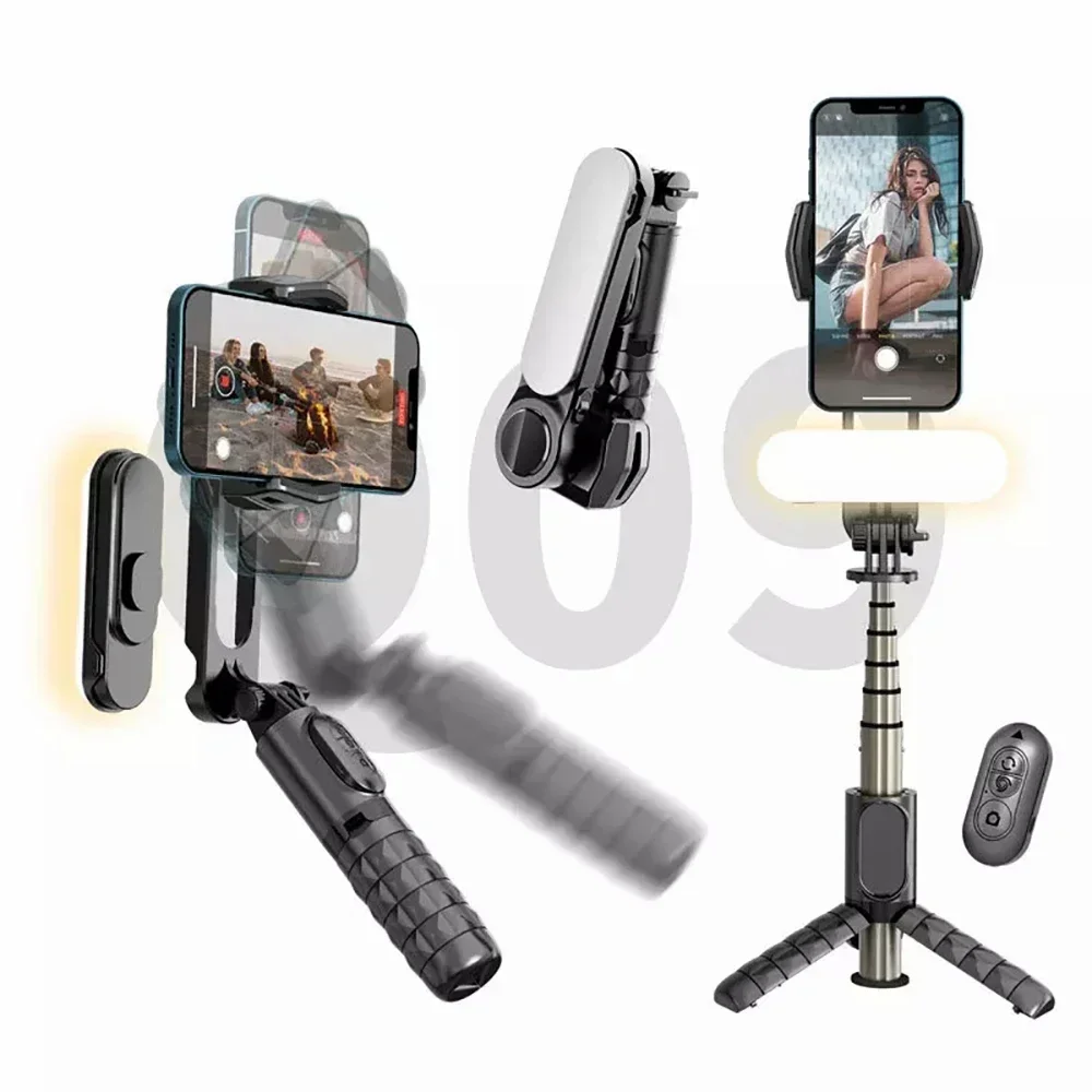 Q09 Selfie Gimble Stabilizer Mobile phone Foldable Fill LED Light  wireless Remote extendable Selfie Stick Tripod