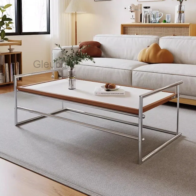 Vintage Luxury Coffee Table Wood Trim, Polished Chrome Metal Frame, Rectangular Center Table for Living Room, Apartment, Office