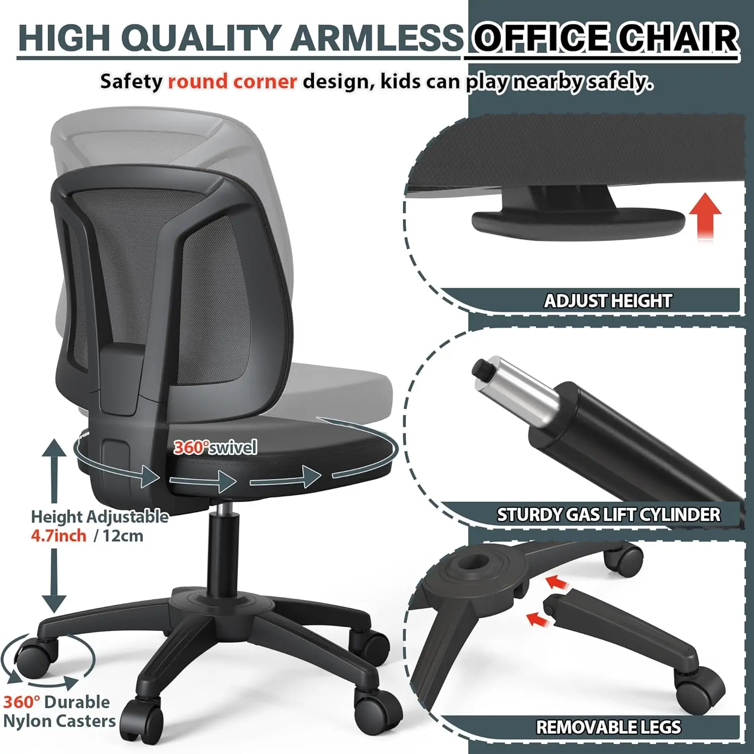 

Armless Mesh Computer Desk Office Chair Height Adjustable With Lumbar Support For Home Small Spaces