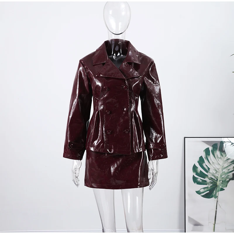 Solid PU Leather Women's Jacket Mini Skirt Set Lapel Neck Full Sleeve Double Breasted Coat Suit 2025 Autumn Stylish Edgy Outfit