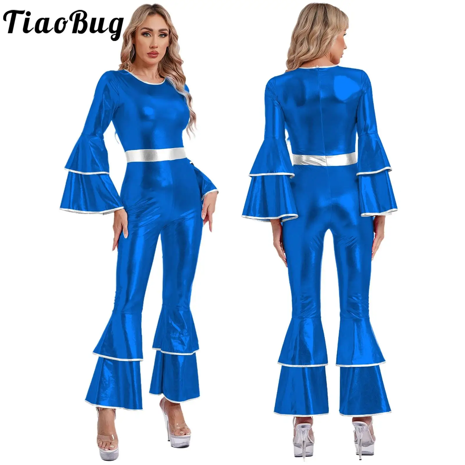 

Women 70s Disco Costume Flare Sleeve Bell Bottom Hippie Romper Jumpsuit Halloween Theme Party Metallic Rave Dancing Clubwear