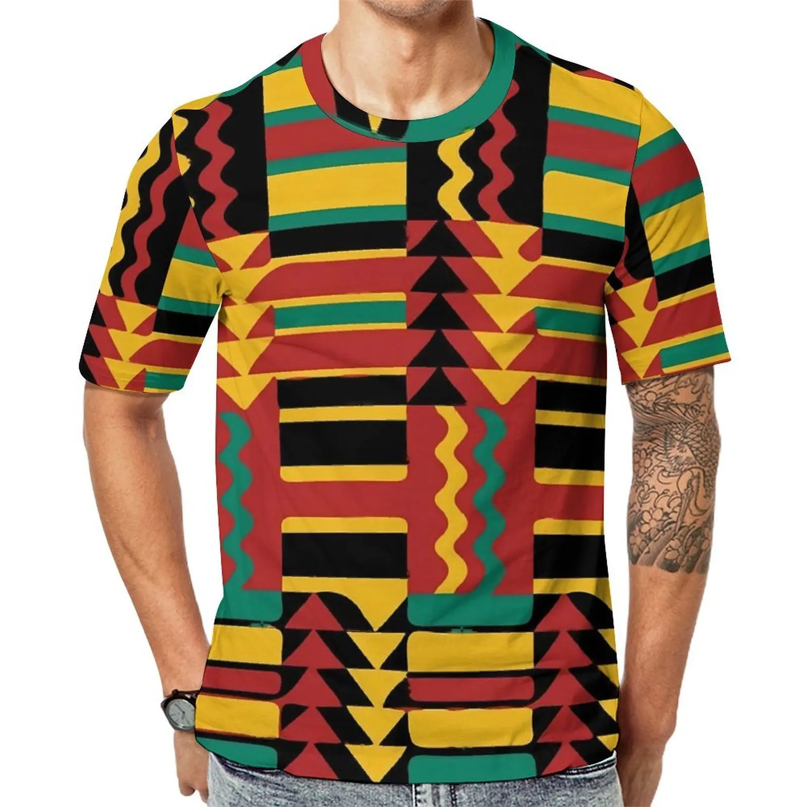 Original T Shirt Kente Vintage Geometric T-Shirts Retro Rasta Colors Funny Retro Tees For Couple Short Sleeve Plus Size Tops