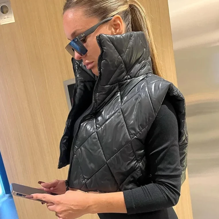 Cardigan da donna autunno/inverno tinta unita colletto alla coreana scozzese con cerniera cardigan con coulisse pancia scoperta gilet imbottito in cotone