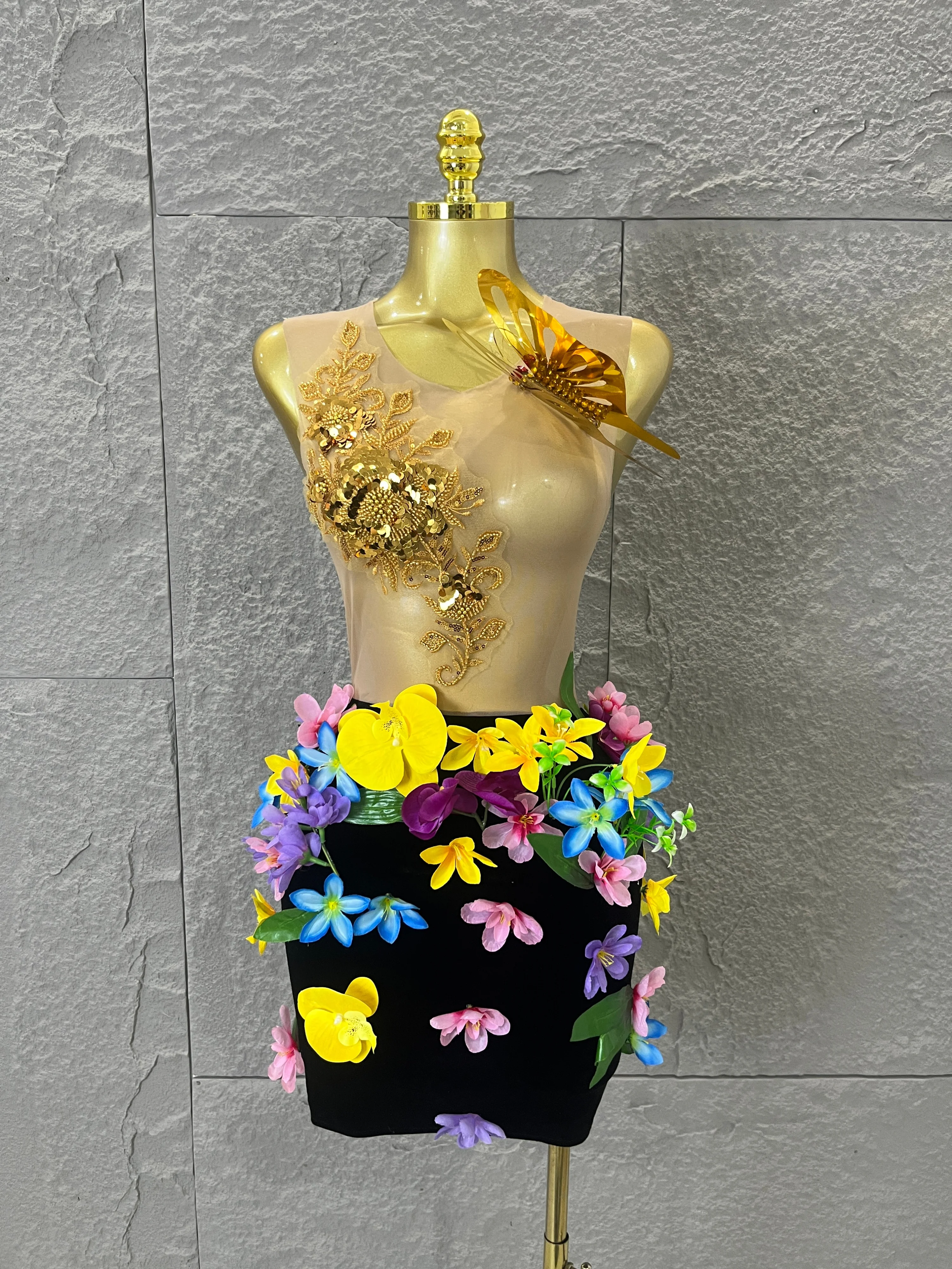 Hot Sale Glamorous Sheer Mesh Dress Perspective Gold Sequin Appliqué  Floral Trim Perfect Festival Performances