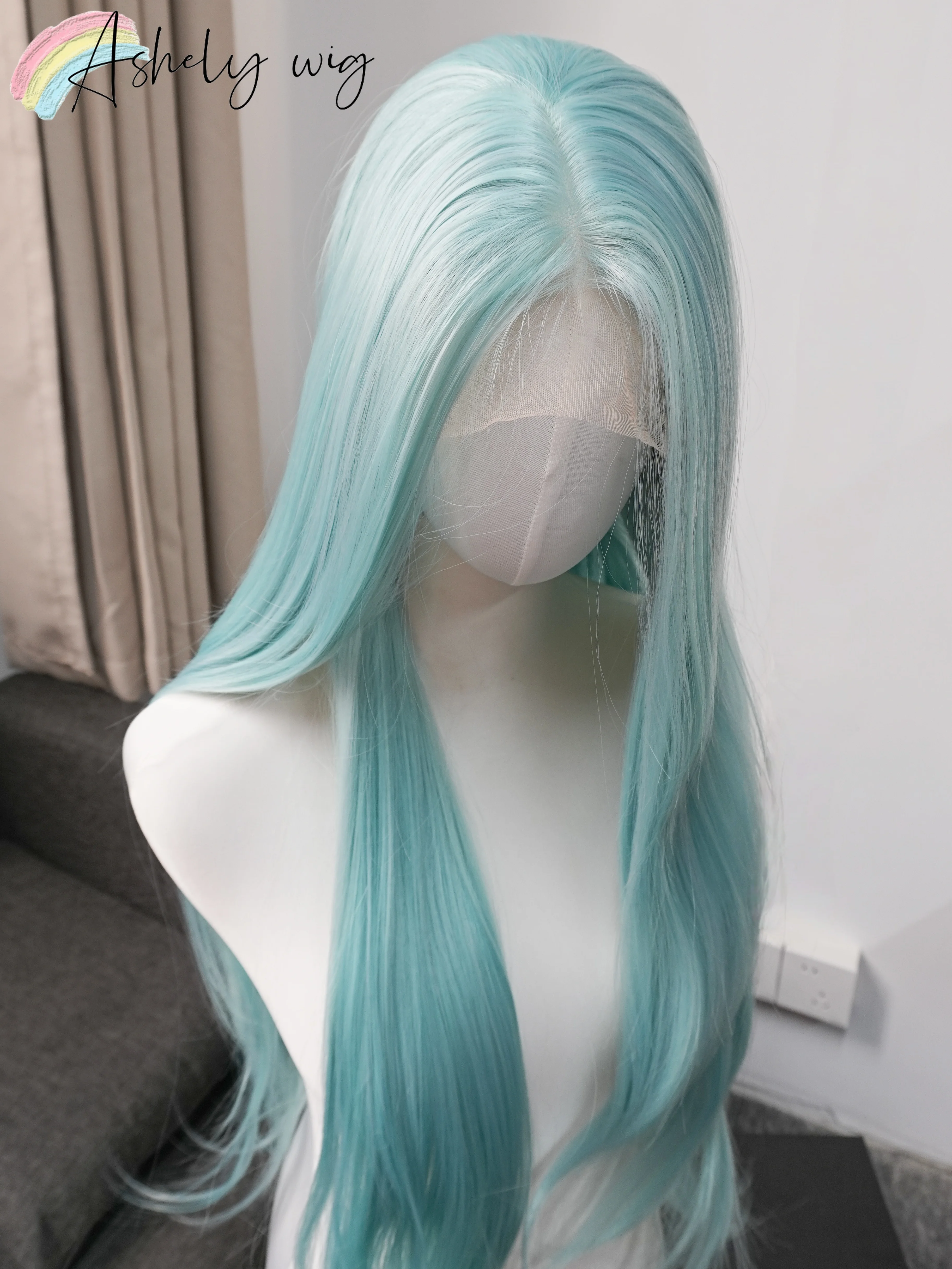 Ashely Light Blue Wigs for Women Mint Blue 13x4 HD Lace 30inch Long Straight Silky Glueless Synthetic Lace Front Wig for Cosplay