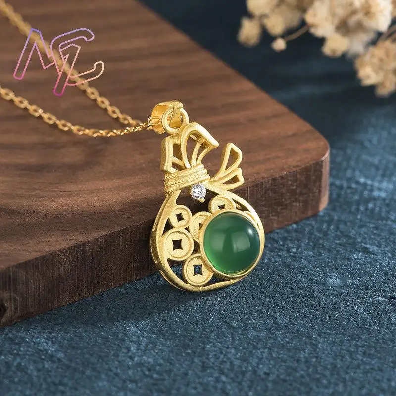 Green Natural Jade Money Bag Pendant Necklace Designer Charm Luxury Gifts for Women Talismans Real Jewelry 18K Gold Plated