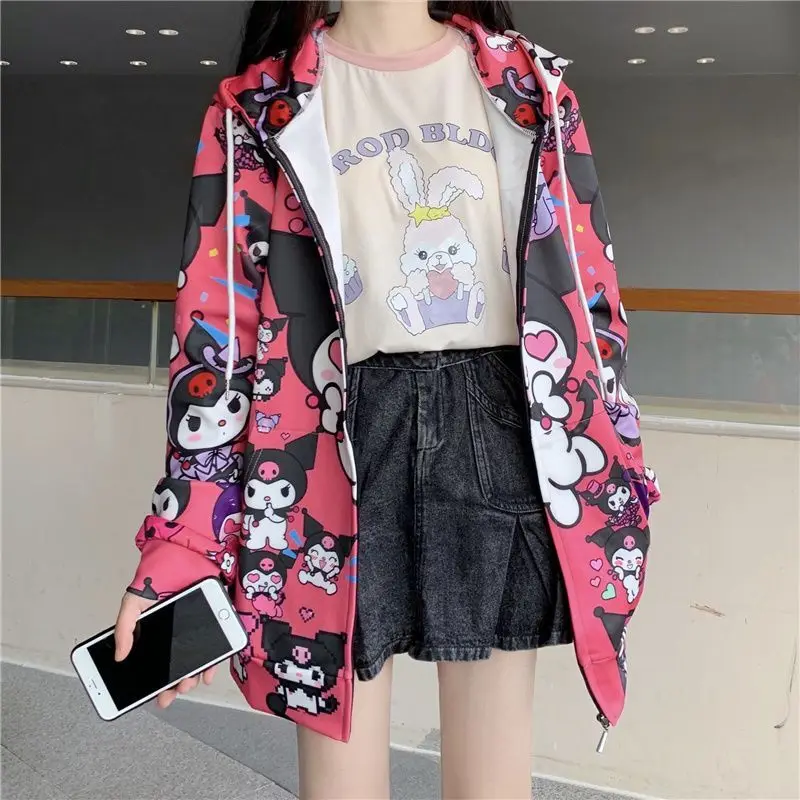 New Kuromi Cute Anime Student Loose Hoodies Y2k Zip-up Sweatshirts JK Thin Zipper Hooded Clothes for Women in Spring & Fall