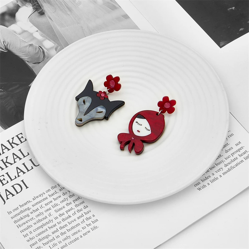 Cartoon Asymmetric Women Earrings Wolf and Little Red Riding Hood Pattern Acrylic Jewelry Girls Party