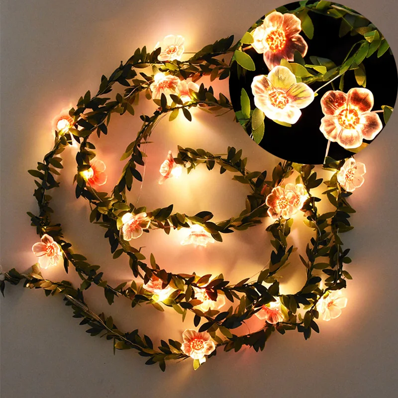 10/20LED Cherry Blossom String Lights Artificial Rose Flowers Leaf Fairy Lights Garland For Wedding Home Decor Valentines Gifts